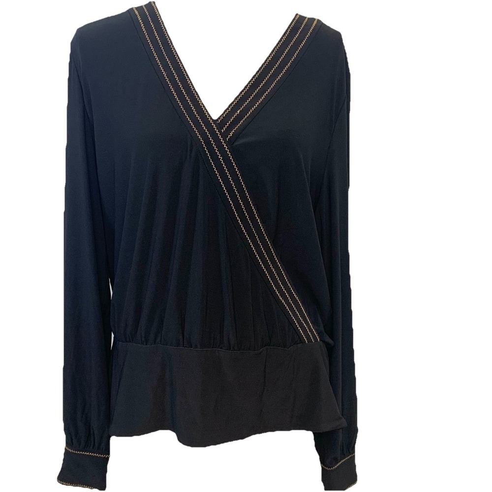 WHBM Black V Neck Blouse Gold Stitching XL Long Sleeve Stretch Knit Casual New